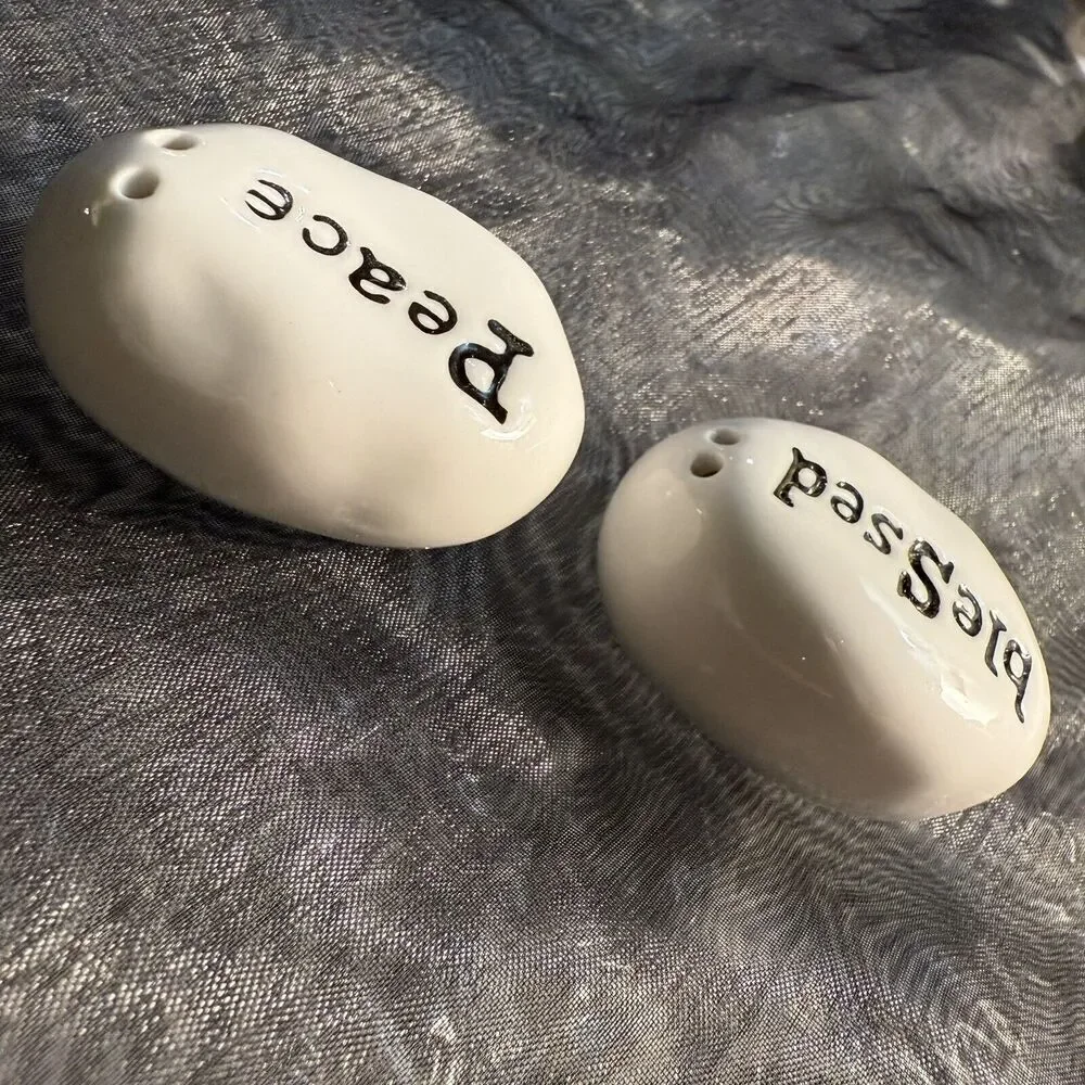 PS Peace Blessed Mini Salt & Pepper Shakers Religious Themed Minimalist White 2”